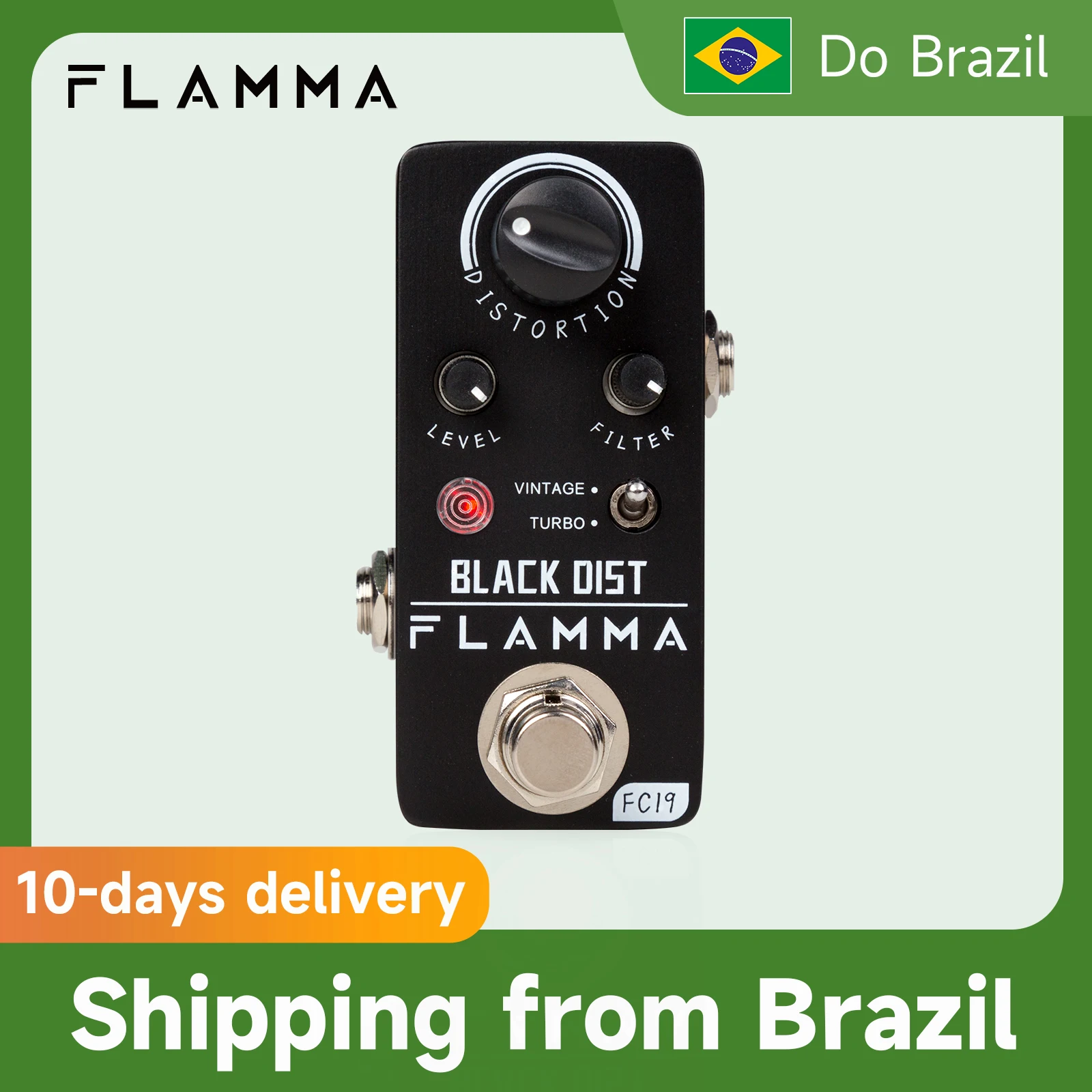 FLAMMA-FC19 Distortion Pedal de Efeitos de Guitarra, Função True Bypass, Vintage e Turbo Mode, Acessórios Processador Guitarra