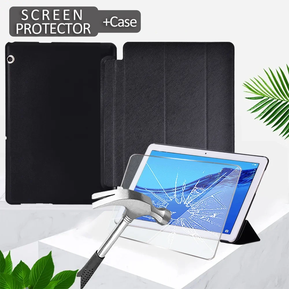 

Case for Huawei MediaPad T3 10 9.6-inch/T5 10 10.1 Inch Pu Leather Trifold Stand Tablet Cover + Tempered Film+Free Stylus