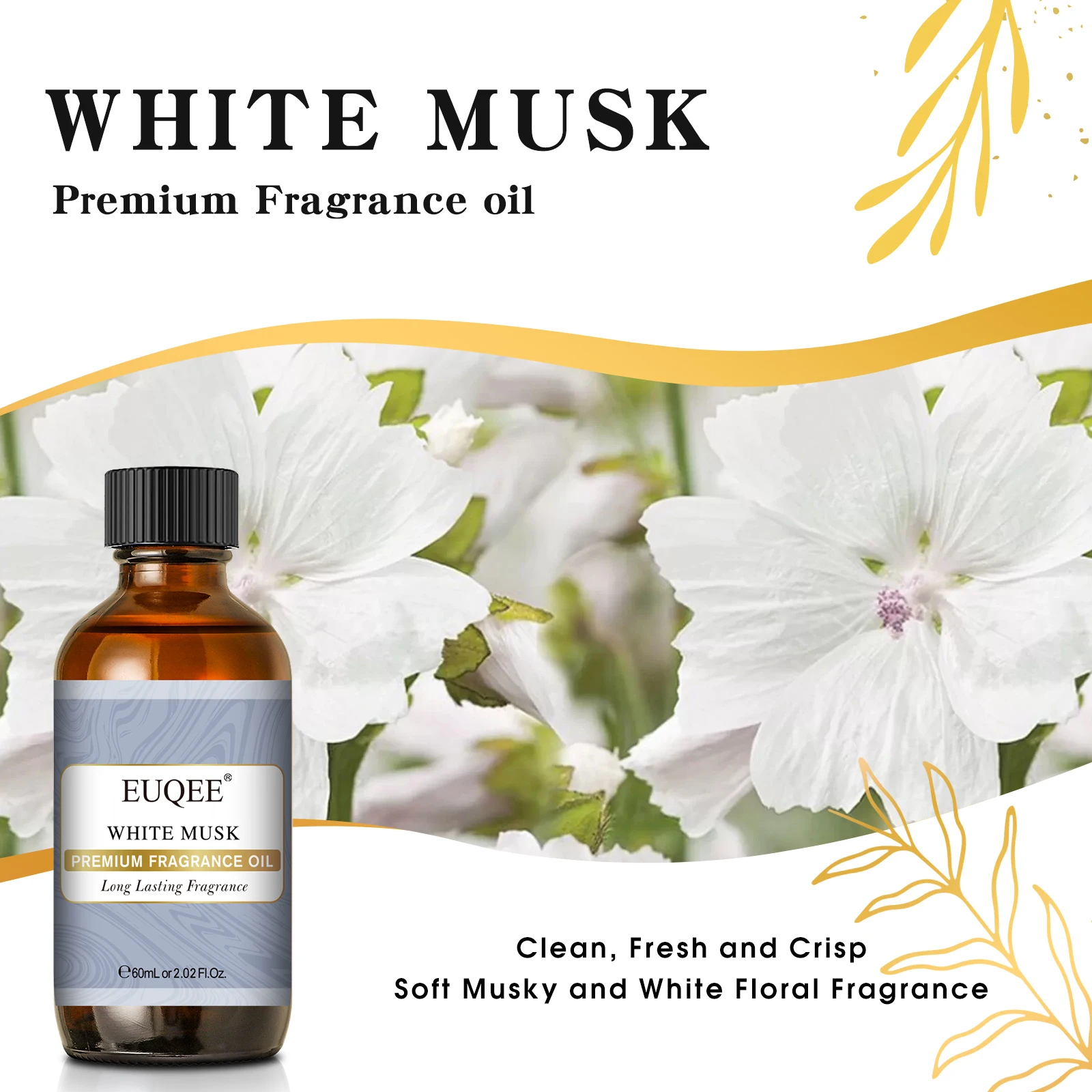 EUQEE 60ml Flower Series Fragrance Oil for  Aromatherapy Diffuser White Musk Coconut Vanilla Orange Blossom Essential Oil