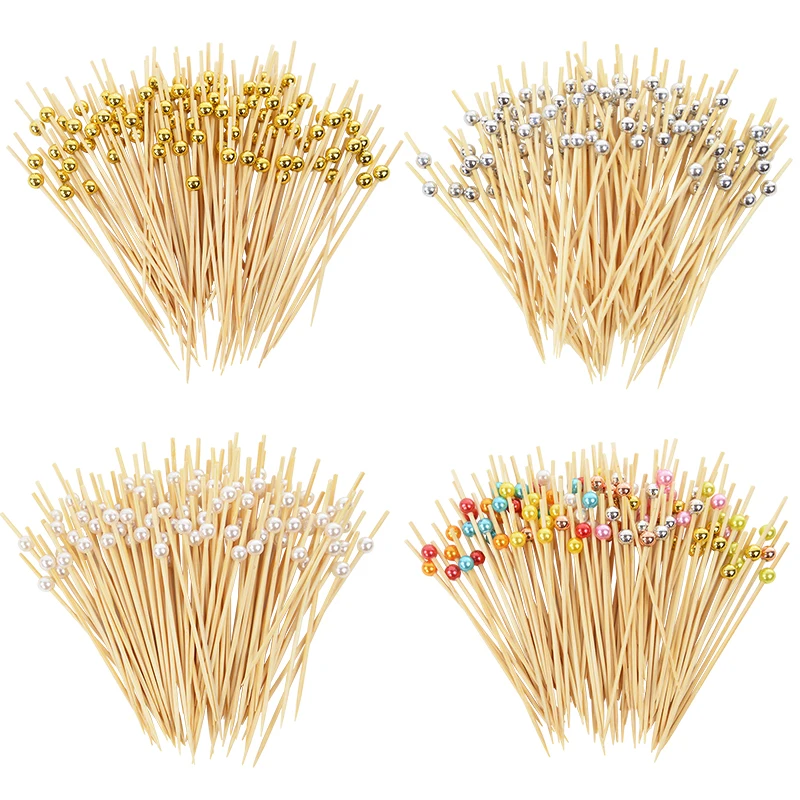 100pcs 12cm Gold Beads Bamboo Fruit Sticks Fruit Salad Snack Fork Cocktail Decor Cake Buffet Toothpicks Wedding Party Supplies