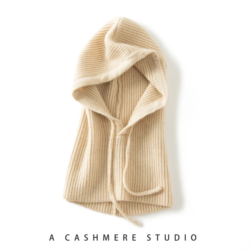 100% Cashmere Knitted Hood Hat Scarf Elegant Hats Beanies Women Men Winter Neck Warm Balaclava Headgear Caps Unisex 8 New Colors