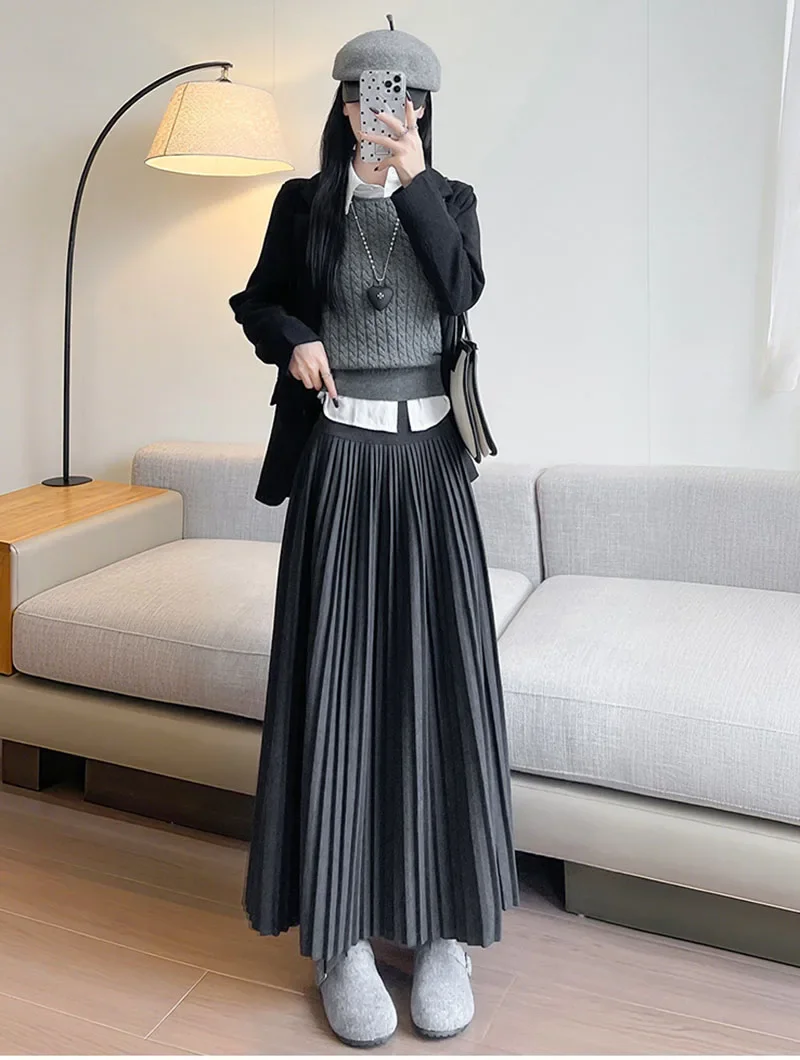 Hochgeschnittene Patchwork-Plissee-Röcke für Damen, 2026 Neue Figurformende Streetwear Lange Röcke, Einfarbige All-Match A-Linien-Röcke – Detail 9