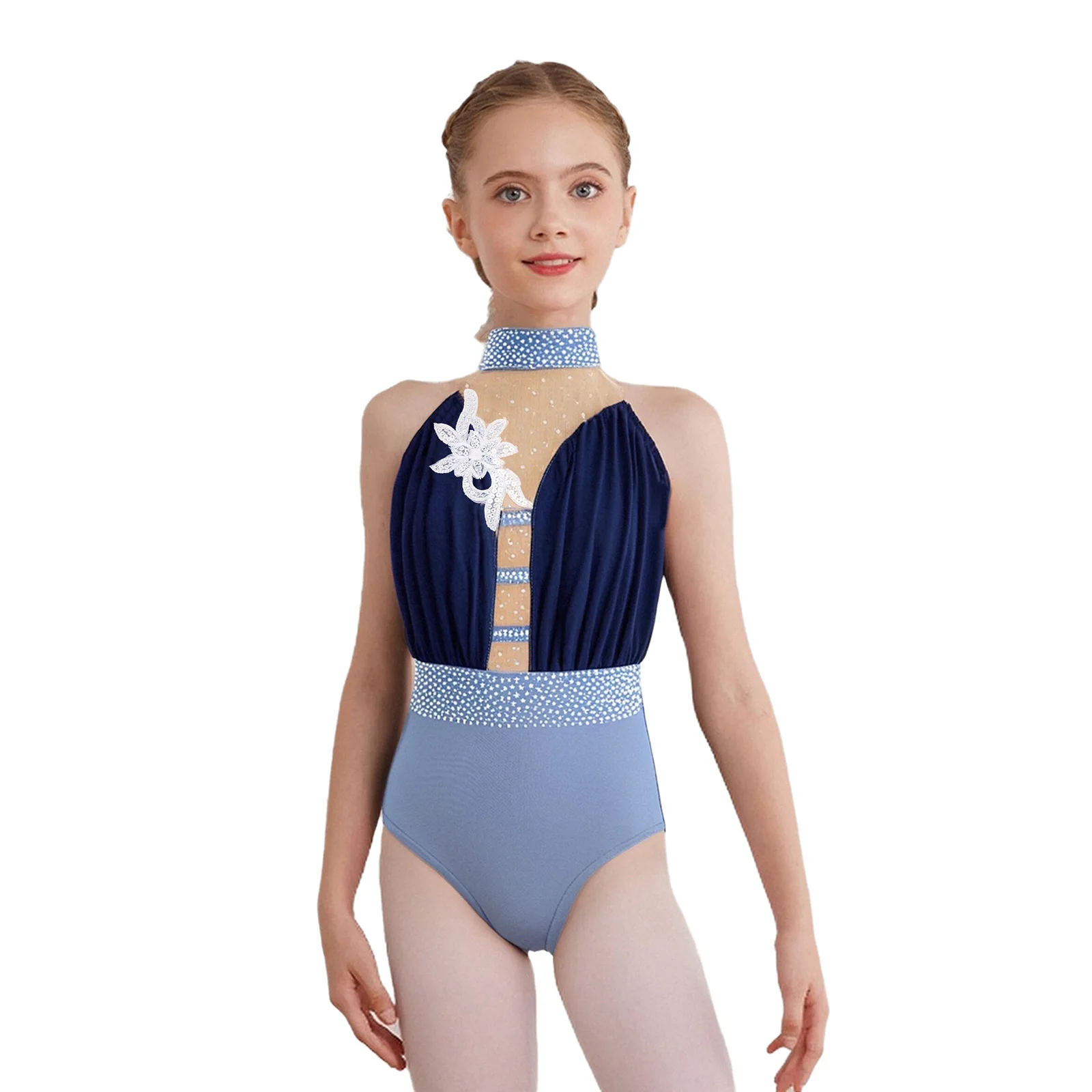 

Kids Girls Gymnastics Lyrical Dance Leotard Sleeveless Keyhole Back Sheer Mesh Patchwork Rhinestones Bodysuit Ballet Dancewear