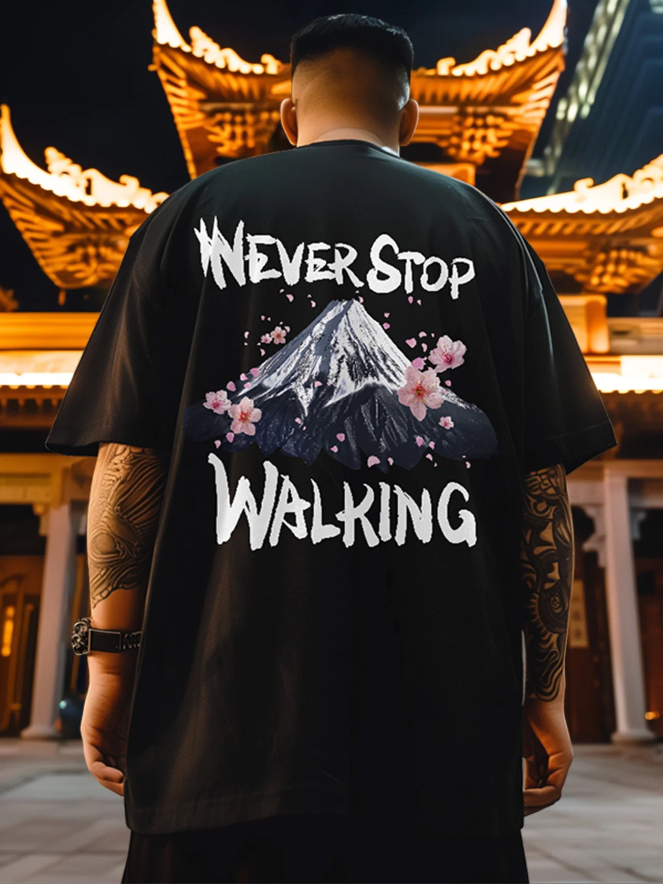 

Trend white ink direct spray Mount Fuji printed cotton short sleeve T-shirt men's summer design sense loose casual T-shirt top