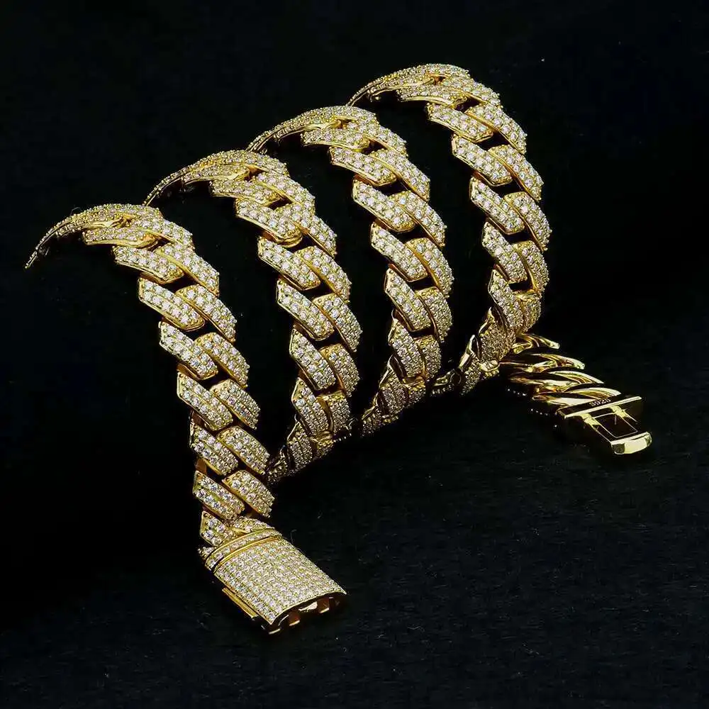 

Top Fashion High Quality S925 Hip-hop Jewelry Gold Plated 14mm Prong Link Cuban Moissanite Cuban Chain Necklace for Wholesale