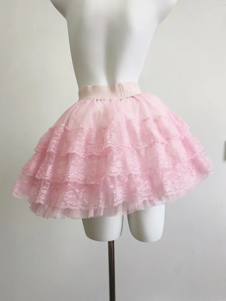 Pink Skirts for Sweet Girls Summer Bows Decoration Elastic Waist Lolita Style Multilayered Lace Skirt Kawaii Clothes