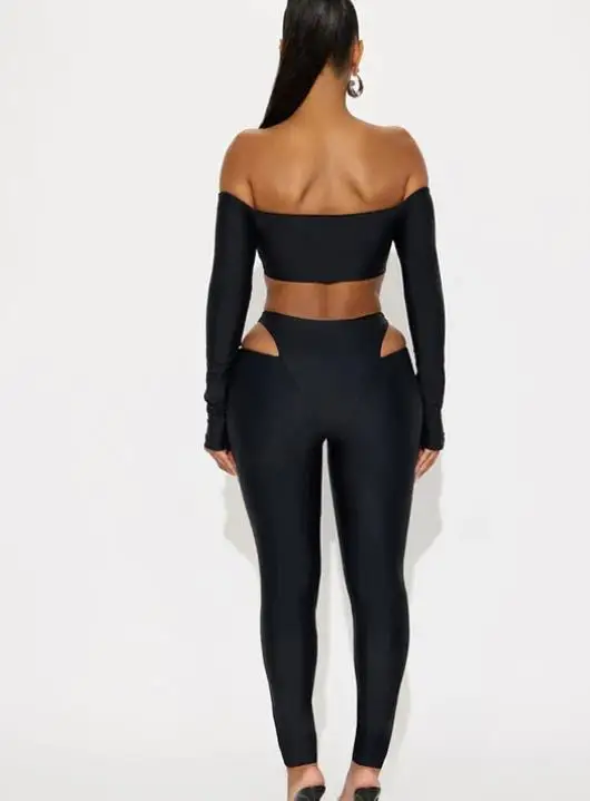 여성용 2025년 가을 신상 싱글 넥 오프숄더 숏탑, 하이웨이스트 홀로우 팬츠 세트, 여성 의류