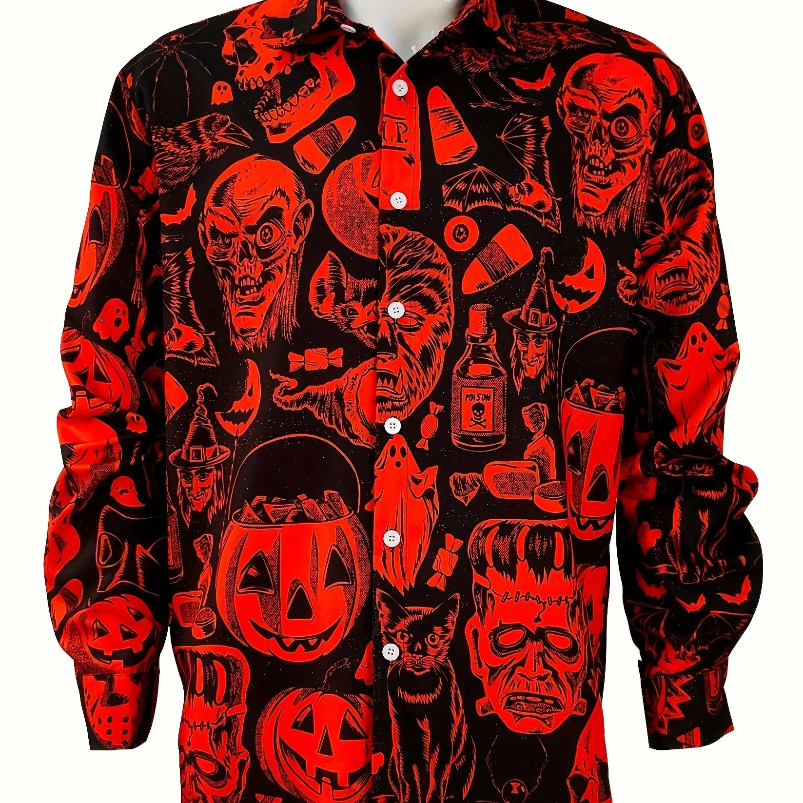 2024 Fashion Trend Street Fashion Shirt 3D Printing Halloween Pumpkin Blood Pattern Print Long Sleeve Lapel Shirt Casual