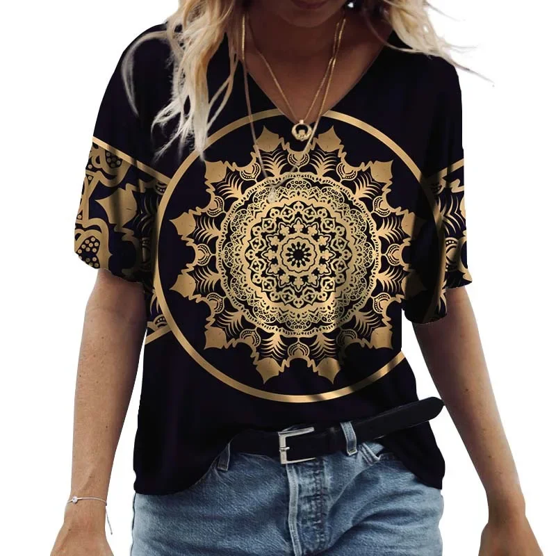 2024 Summer Women's T-Shirt Vintage Casual Black Fashion V Neck Pullover Short Sleeve Printed Loose Daily Tops Design Clothing