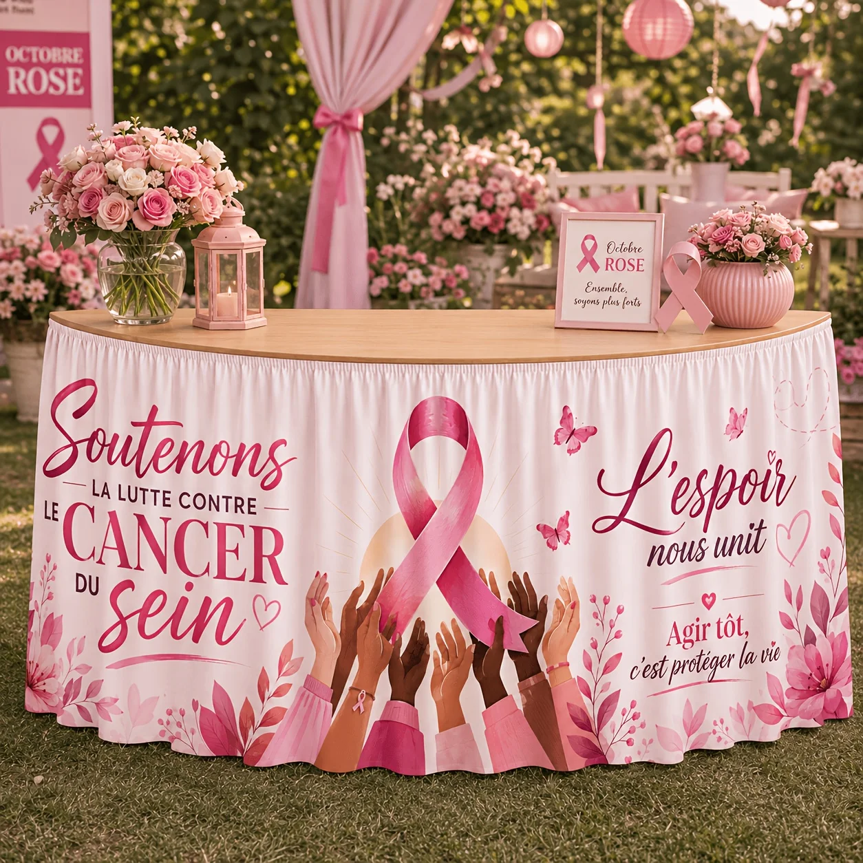 Send a table skirt 1 piece, breast cancer prevention pink ribbon flower hand-painted butterfly print tablecloth table skirt
