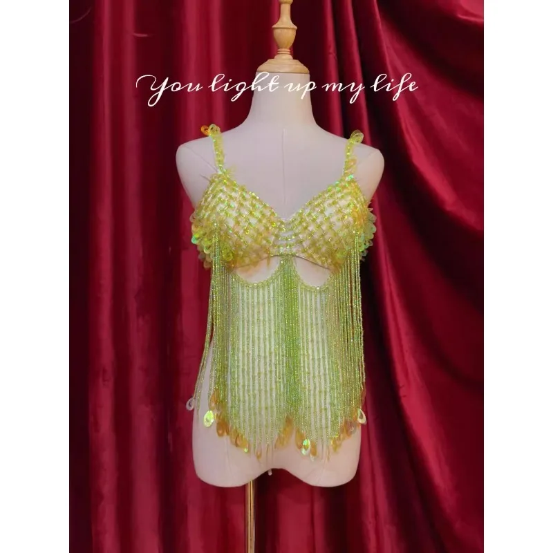 

Customized Arab Belly Dance Top Women's Bra Underwear Colorful Tassel Sparkling Diamond Sexy Pattern Corset Performance Dress