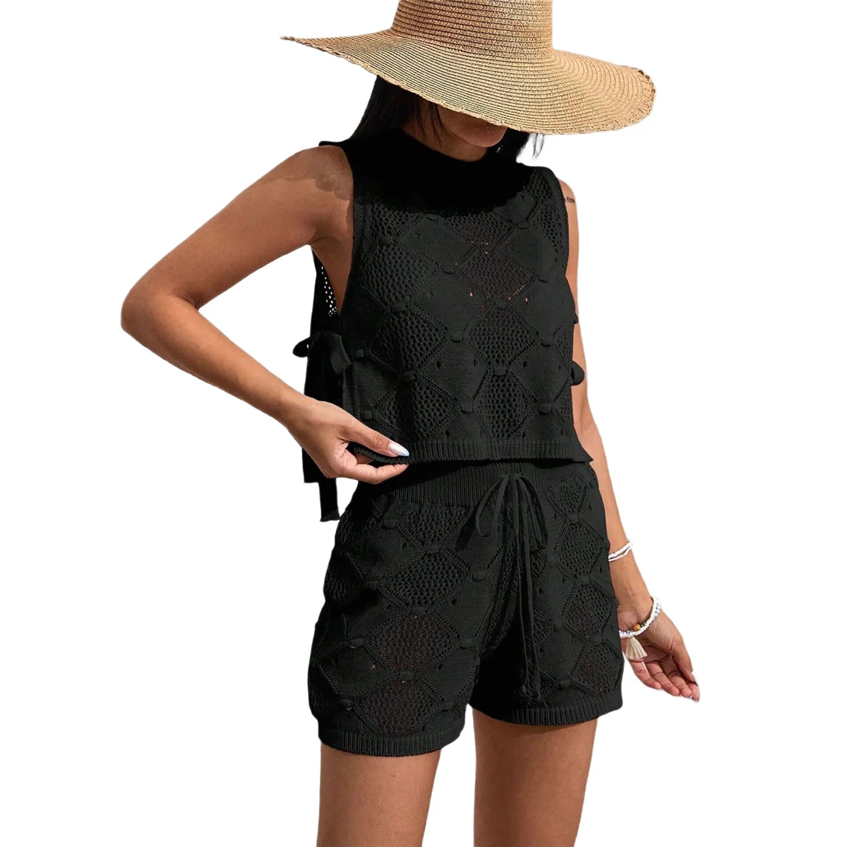 2-teiliges Häkel-Outfit für Damen, aushöhlen, gestrickt, ärmellos, Badeanzug, Überzug, lässiges Oberteil, Shorts-Set, Strand-Set, Schwarz, L