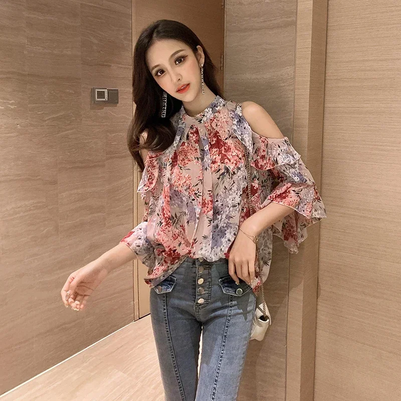 2024 Womens Blouses And Tops Short Sleeve Butterfly Sleeve O-neck Women Clothing Elegant Female Tops Long Sleeve Floral 14956