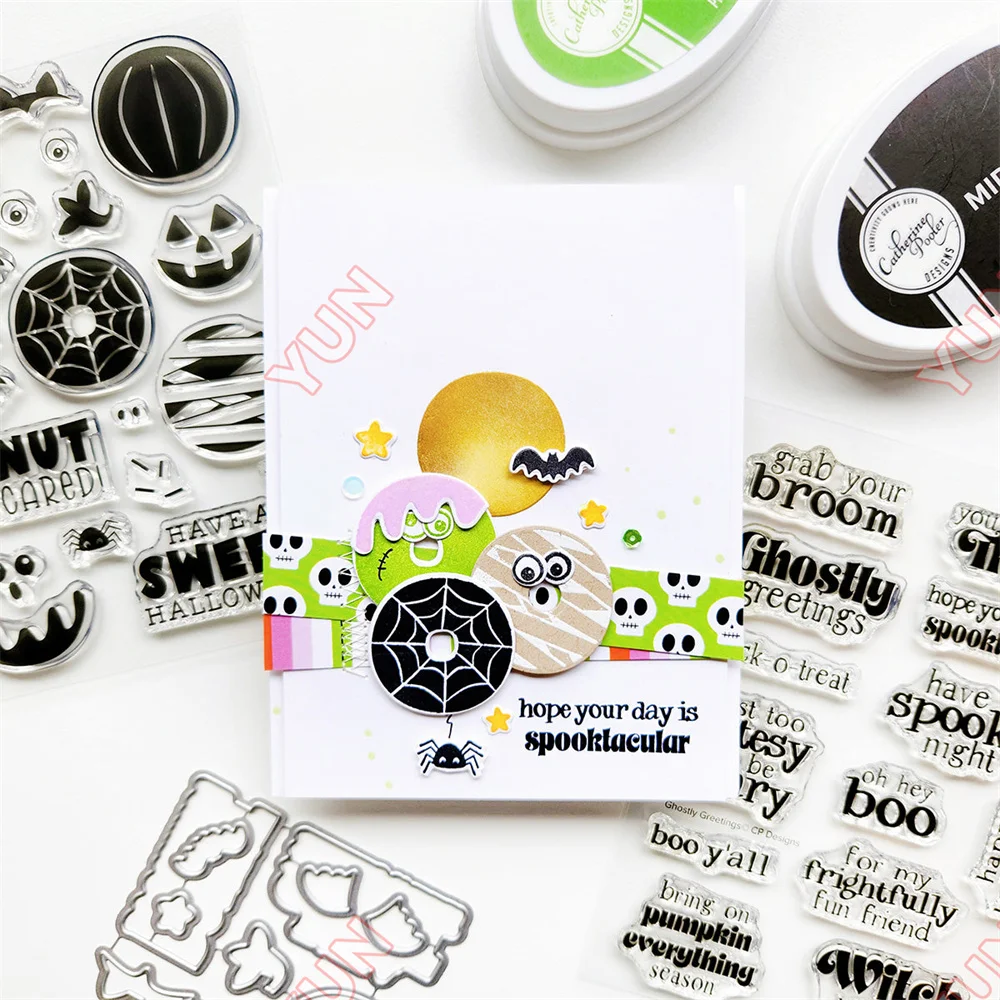 

2025 New Halloween Ghostly Greetings Sentiments Stamps Candy Boo Treat Box Die Stencils DIY Scrapbooking DIY Paper Card Carft