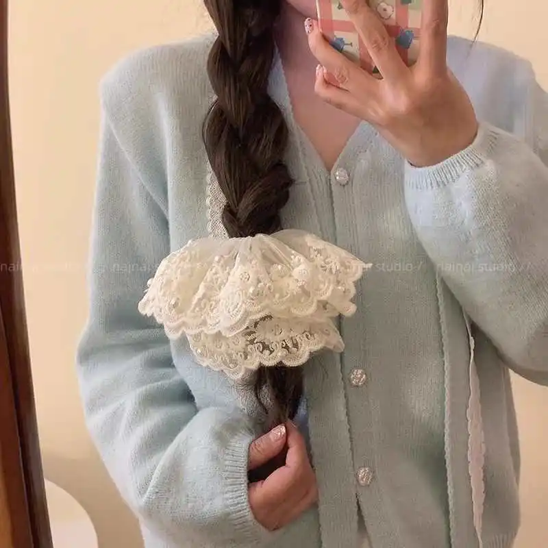 

White Pearl Lace Fairy Embroidery Gentle Low Bun Scrunchy Set for Women Elegant Hair Accessory Premium Portable