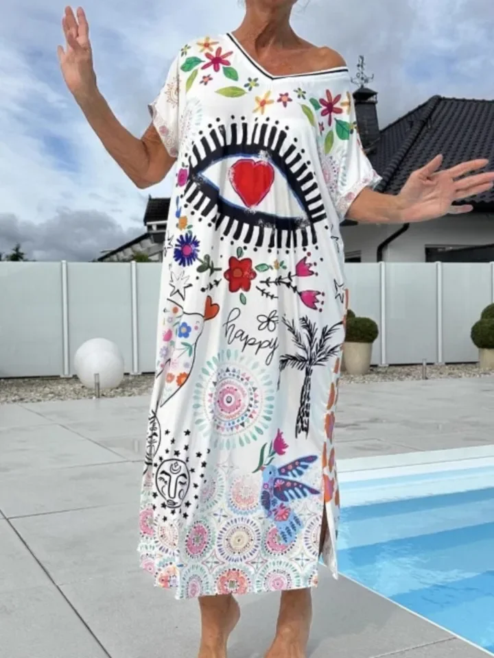 여성용 패션 프린트 루즈 드레스 캐주얼 반팔 브이넥 풀오버 드레스 여성 보헤미안 휴가 비치 스커트 로브 여성 의류
