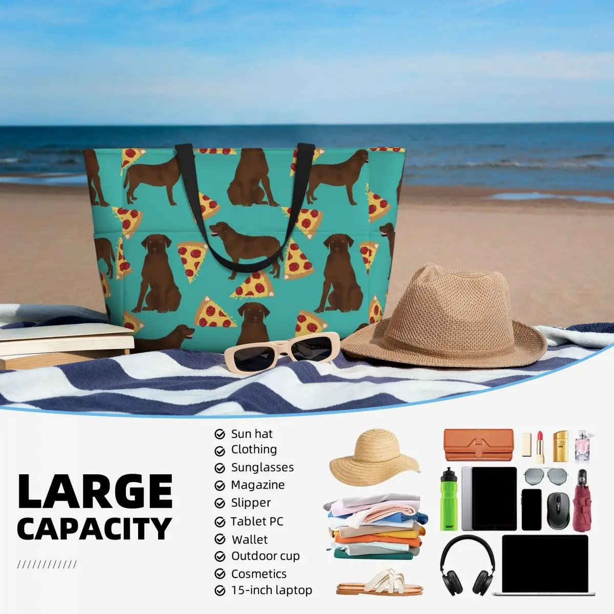 Sacola para viagem praia, bolsa de ombro, padrão multiestilo, labrador retriever, pizza, cachorro, laboratório de chocolate, moda, presentes práticos