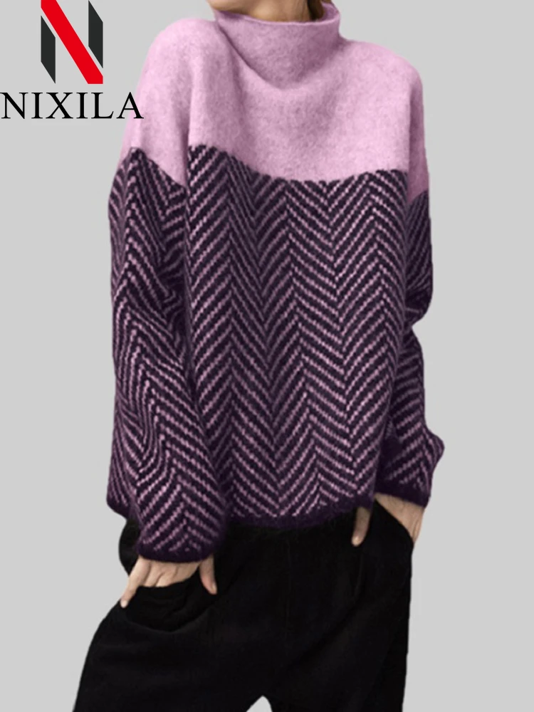 Autumn Winter Sweater Women Korean Fashion Retro Matching Semi-turtleneck Knitted Pullover Loose Sweater Office Lady Clothing