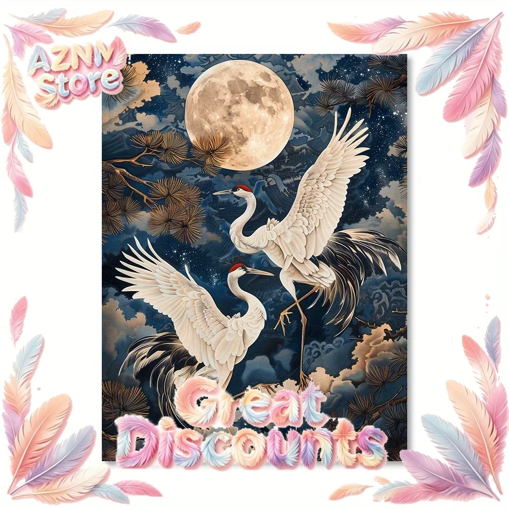 White Cranes Moonlight Dance Poster and Print Two Red-crowned Cranes Canvas Painting Wall Art Picture for Living Room Home 2026