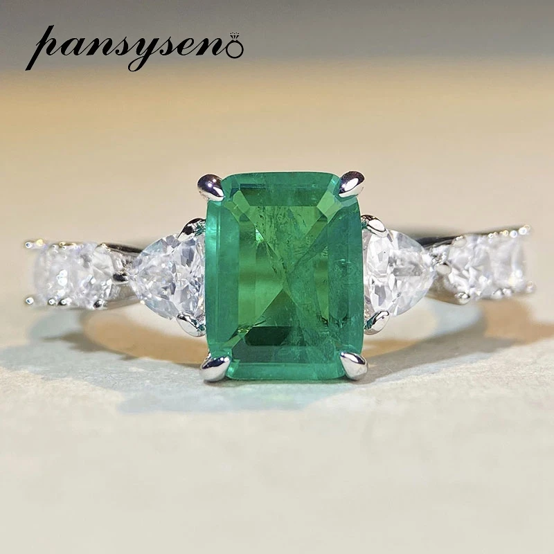 

PANSYSEN Vintage Solid 925 Sterling Silver 3CT 7x9MM Emerald High Carbon Diamond Ring Fro Women Anniversary Party 18K Jewelry