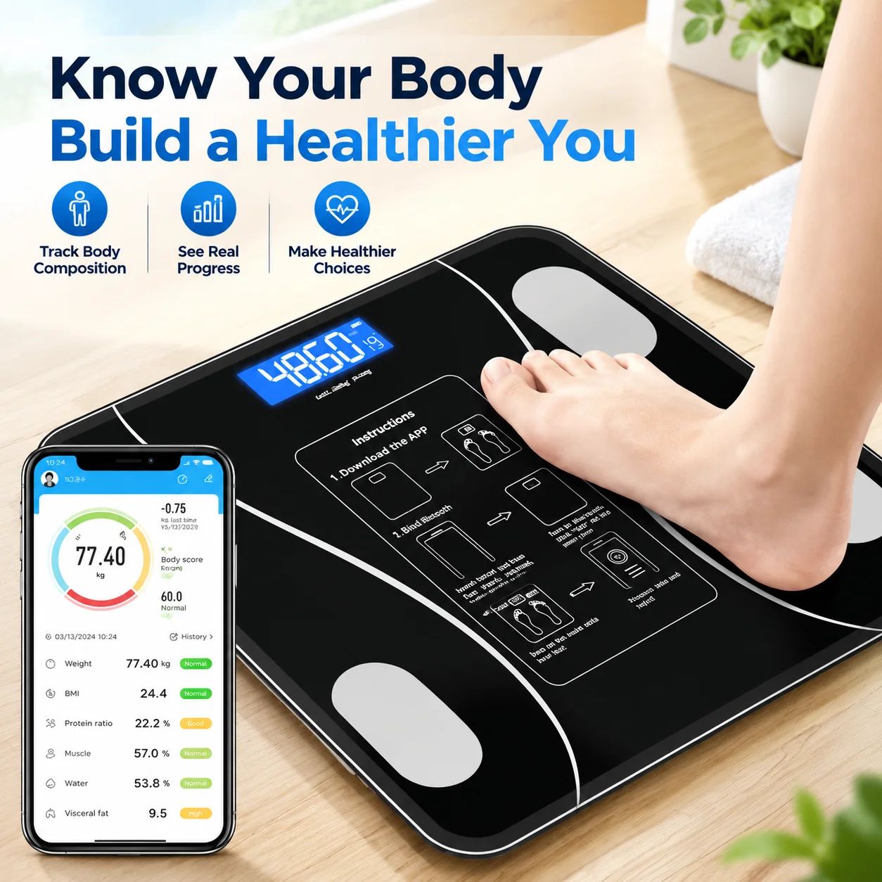 Smart Body Fat Scale with App, Digital Bathroom Weight Scale, Body Composition Analyzer with BMI and Muscle Mass, LED Display