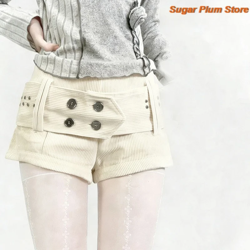 Korean Retro Design Sense Rivet Belt Corduroy Shorts Women's Winter New Comfort and Leisure Joker Trend Spice Girl Overalls.