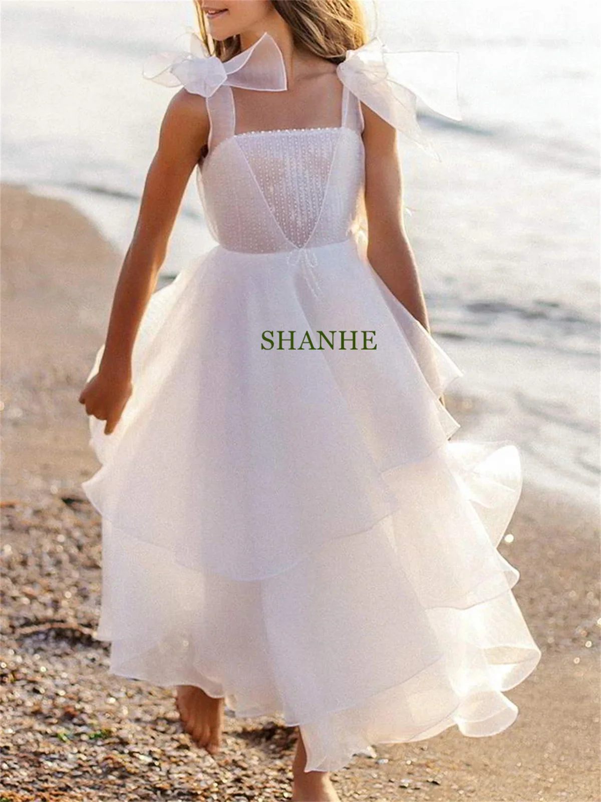 CustomizedShiny Flower Girl Dress Kids Birthday Sleeveless Princess Ankle Length Tulle Simple Wedding Lace Bow Besch Evening Dre