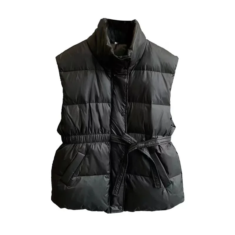 White Duck Down Vest Female Winter 2024 New Stand Collar Tie-up Belt Sweet Sleeveless Jacket Women Light Warm Waistcoat Outwear