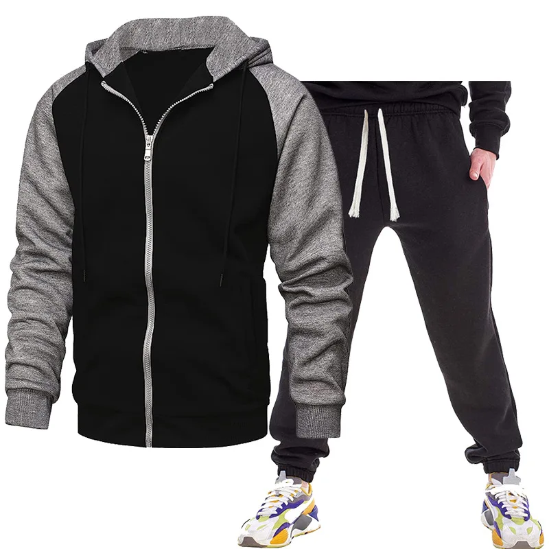 

New Sports Set Autumn Winter Velvet Men's Color Blocked Zipper Hooded Sweatshirt Sweatshirt Sweatpants Casual Sports Suit