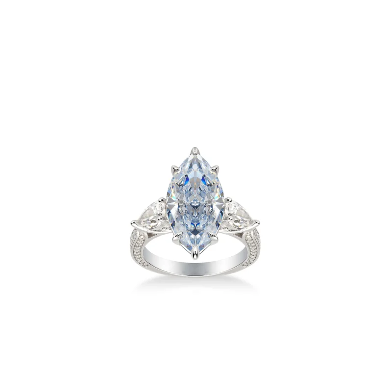 Bellux 925 Silver Synthetic Zircon Jewelry Design Light Blue Marquise Shaped Main Stone 12 Carat Fine Ring