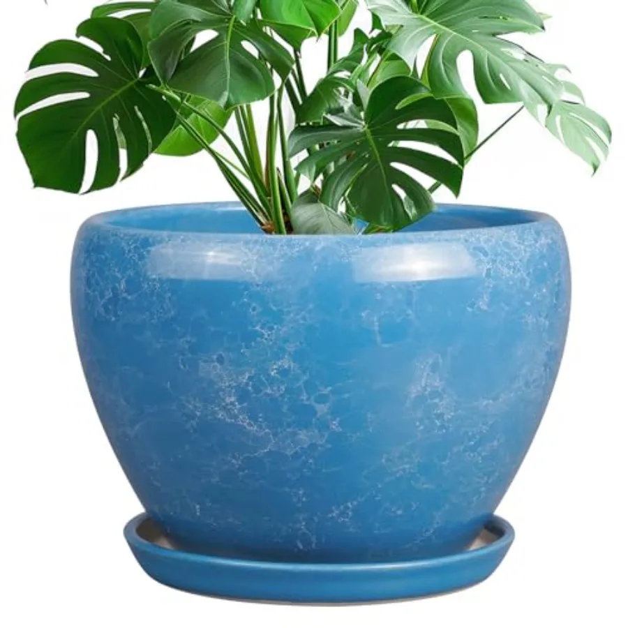 

Керамический горшок для растений 10 дюймов - большой круглый цветочный горшок с дренажным отверстием и поддоном для комнатных растений, синий