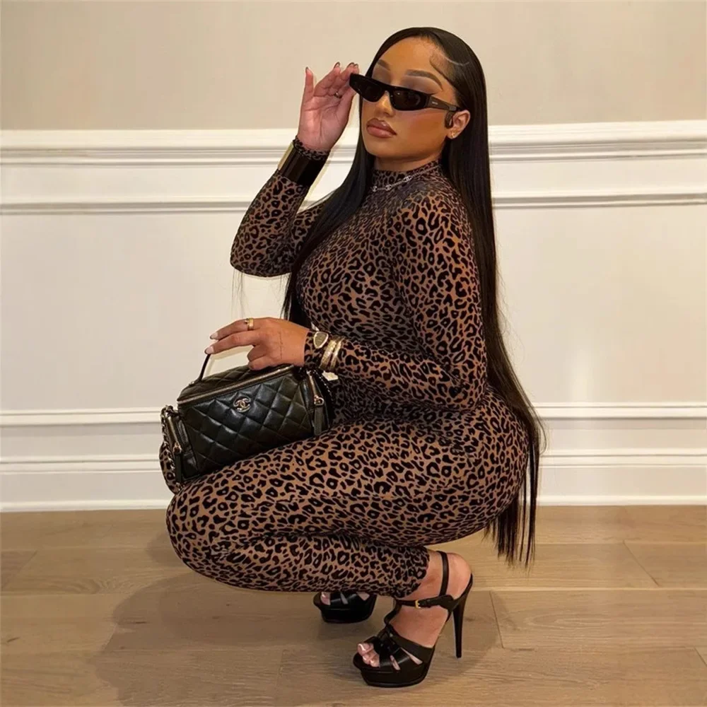 2024 Autumn New Cross-Border Fashionable Versatile Elastic Slims Smooths Your Silhouette Sexy Spicy Leopard Slips Long Sleeve Ju