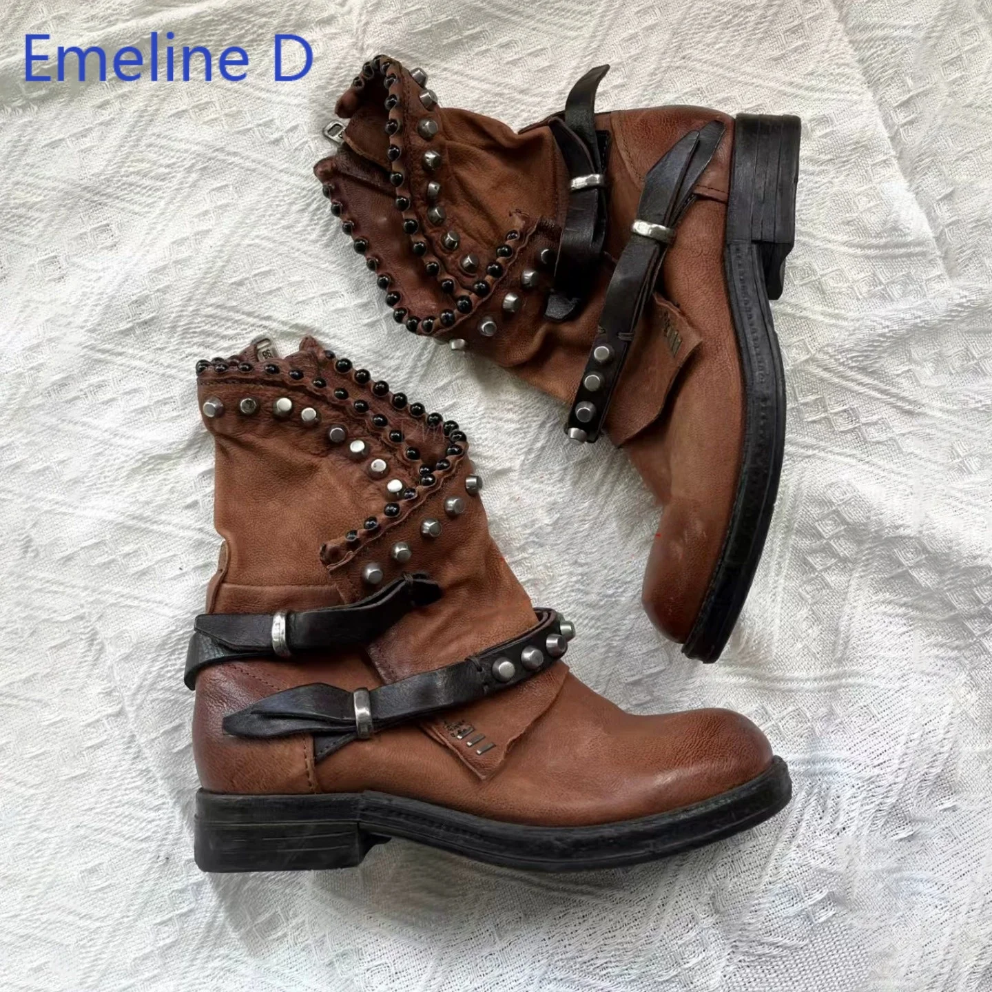 Unisex Rivet Ankle Boots Leather Ruched Shaft Bead Trim Multi Strap Metal Buckle Side Zipper Round Toe Low Block Heel Shoes