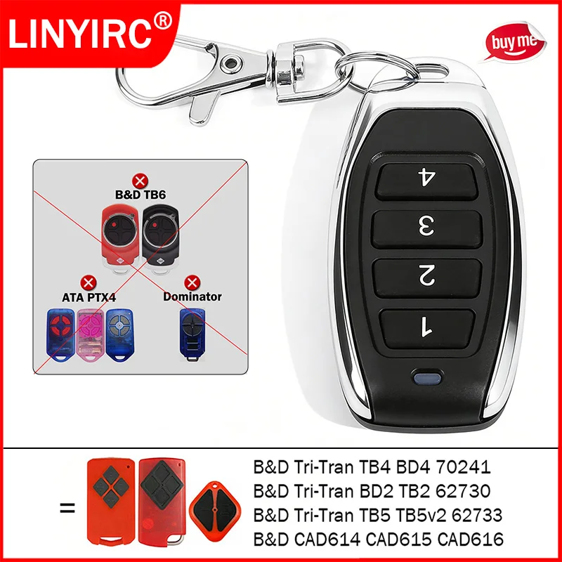 

Compatible With B&D Tritran BD2 BD4 TB2 TB4 TB5 TB5v2 CAD614 CAD615 CAD616 70241 62733 62730 Garage Door Remote Control 433MHz