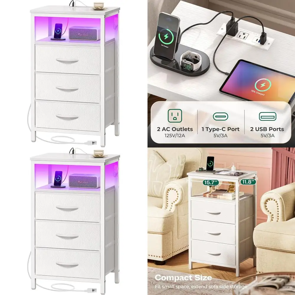 

White LED-lit 3-Drawer Nightstand with Open Shelf for Bedroom, PU Leather Accent