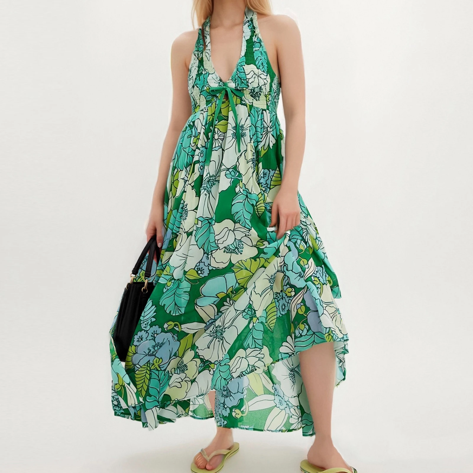 Combhasaki Abito lungo da donna con lacci, scollo a V, smock, arricciato, senza maniche, aperto sul retro, stampa floreale, abito lungo a trapezio fluido da spiaggia estivo