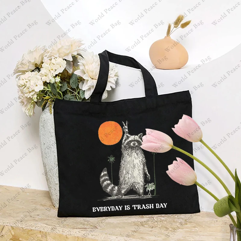 1 pc Everyday Is Trash Day Raccoon patternTote Bag  Canvas Shoulder Bag For Travel Daily Commute Women\'s Reusable Shopping Bag