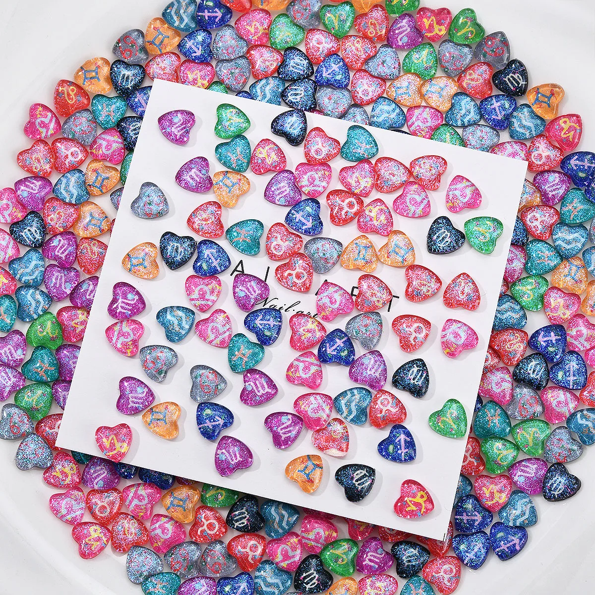 20pcs Heart Mixed 12 Constellations Nails Art Charms 3D Resin Jewelry Gilded Patch Nails Accessories 7*7MM Love Rhinestone Decor