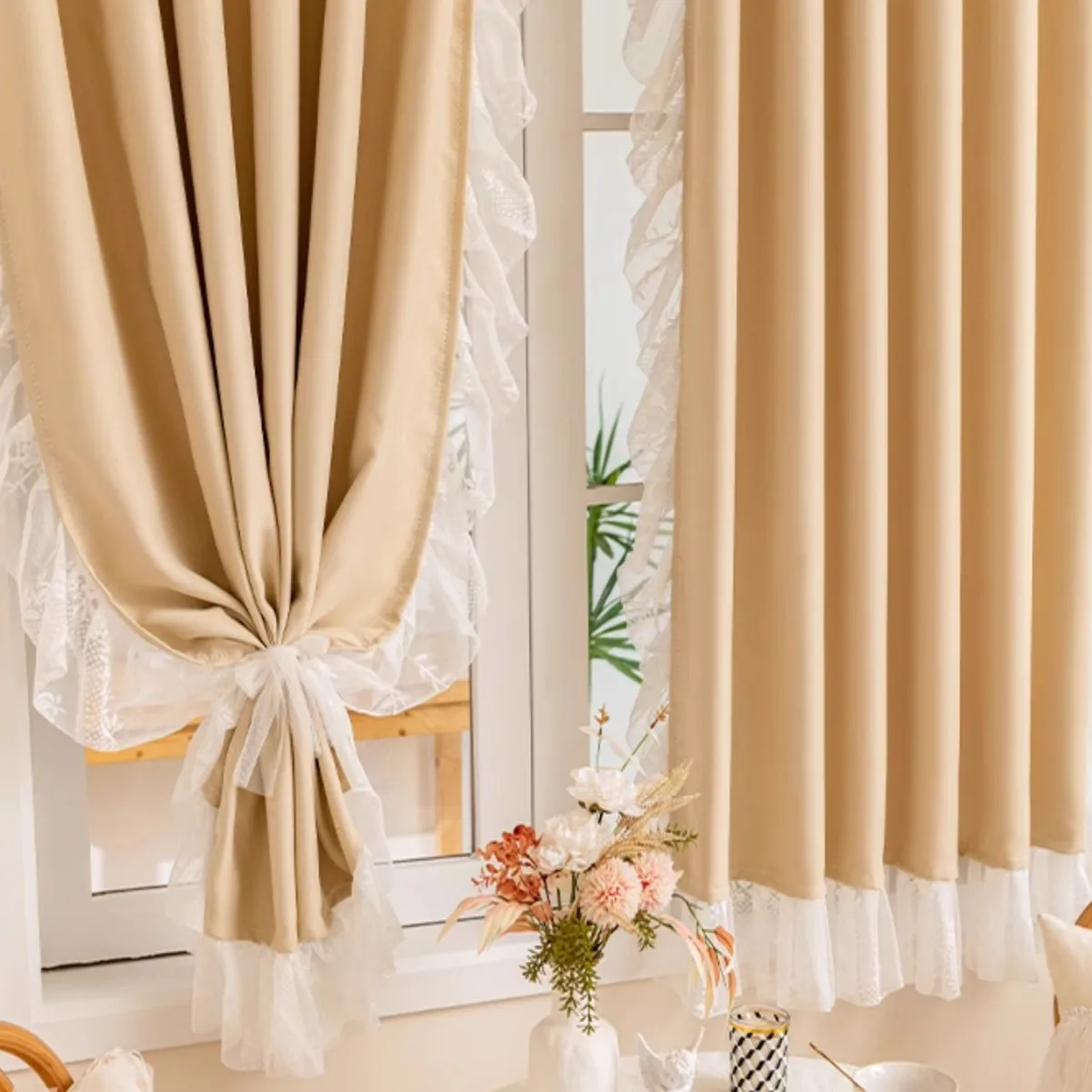 Französischer Vintage-Stil, gerüschte Spitze, lichtblockierender, geräuschreduzierender Vorhang, geeignet für Kinderzimmer, Schlafzimmer, Wohnzimmer, Arbeitszimmer