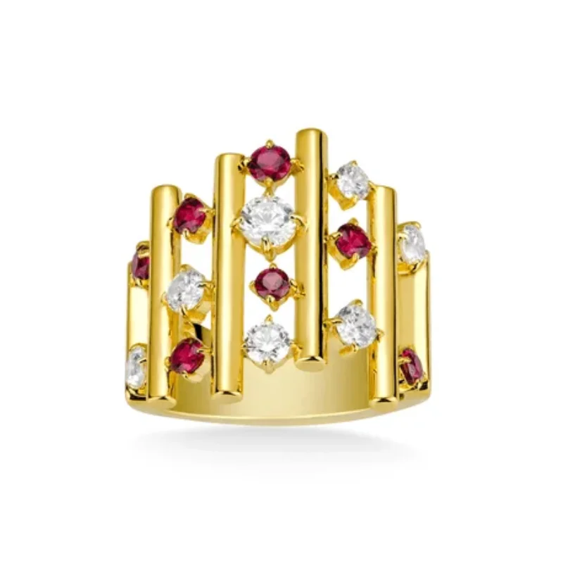 

Bellux 925 Silver Gold Plated Synthetic Zircon Ruby Red and White Full Diamond Hollow Irregular Ring