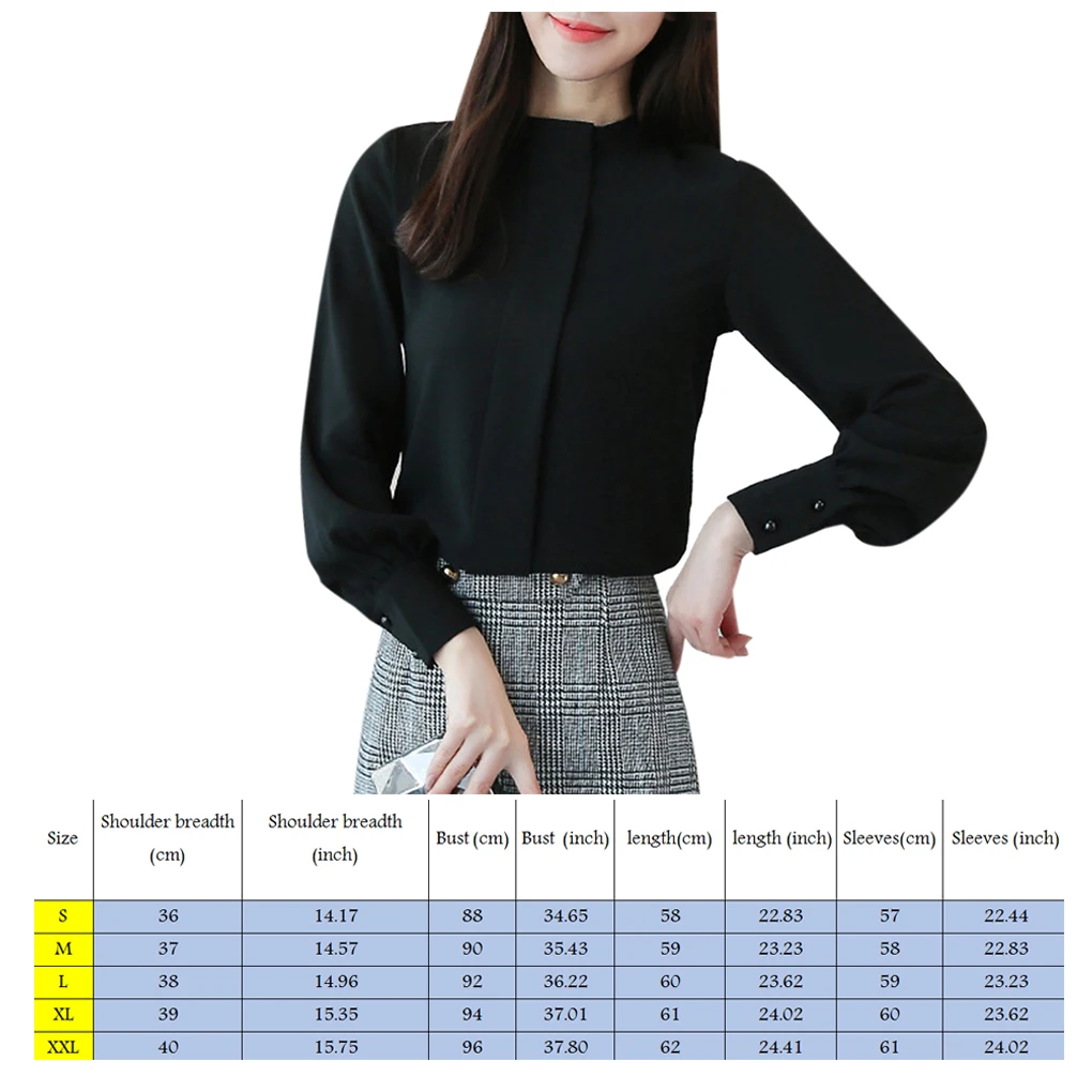 Dames chiffon shirt effen kleur lange mouwen blouse meisjes opstaande kraag tops