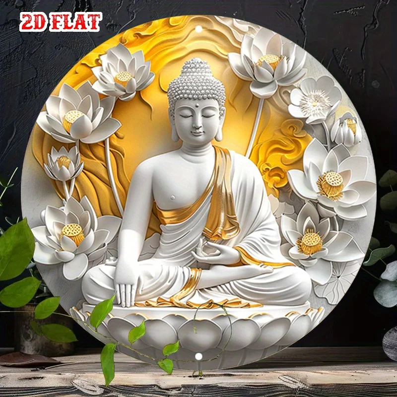 Goldenes Buddha-Kunst-Metallschild mit Farbverlauf – Spirituelles Lotus-Dekor-Blechschild für die Wand zu Hause, 7,87 x 7,87 Zoll