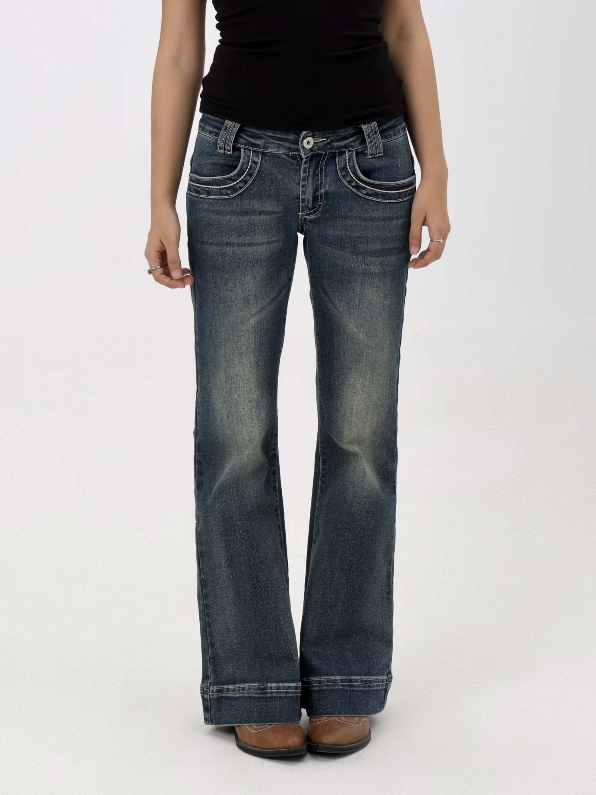 

Джинсы MIMIETTE Spicy Girl с низкой посадкой, расклешенные, эластичные, с вышивкой, повседневные, широкие, из хлопка, стрейч, синие