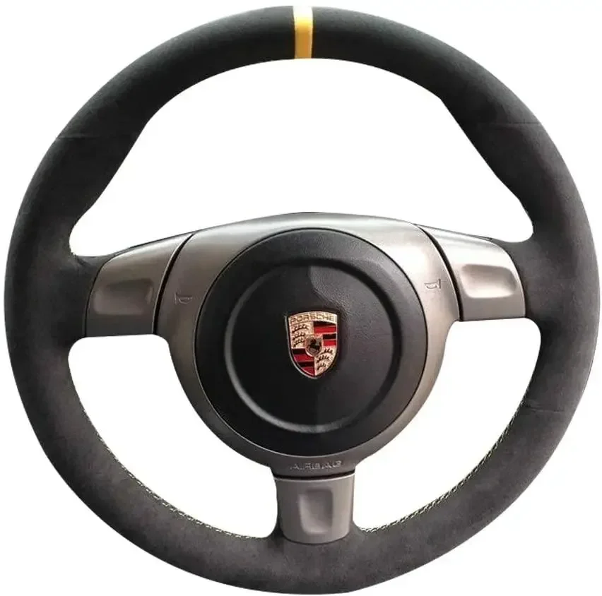 All Black Suede Leather Yellow Marker Steering Wheel Cover Hand-Stitch For Porsche 911 997 987 2005-2012