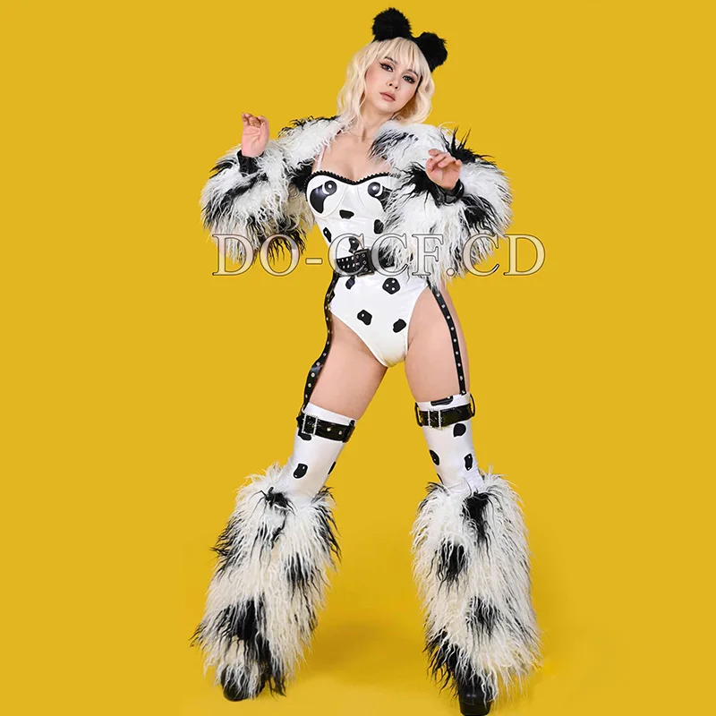 Traje de Drag Queen, Ropa de baile Gogo, mono blanco y negro, disfraz de escenario esponjoso, traje de actuación de Showgirl, ropa de fiesta Rave yk