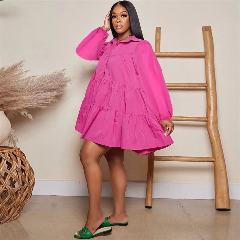솔리드 캐주얼 긴팔 셔츠 드레스 여성 봄 여름 턴다운 칼라 싱글 브레스티드 러플 루즈 파티 클럽 미니 드레스