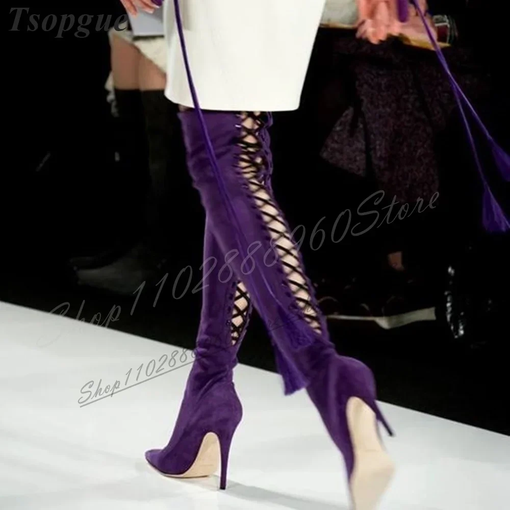 

Over The Knee Purple Flock Cross Tied Boots Thin High Heel Shoes For Women Slip On Pointed Toe 2024 Fashion Zapatos Para Mujere