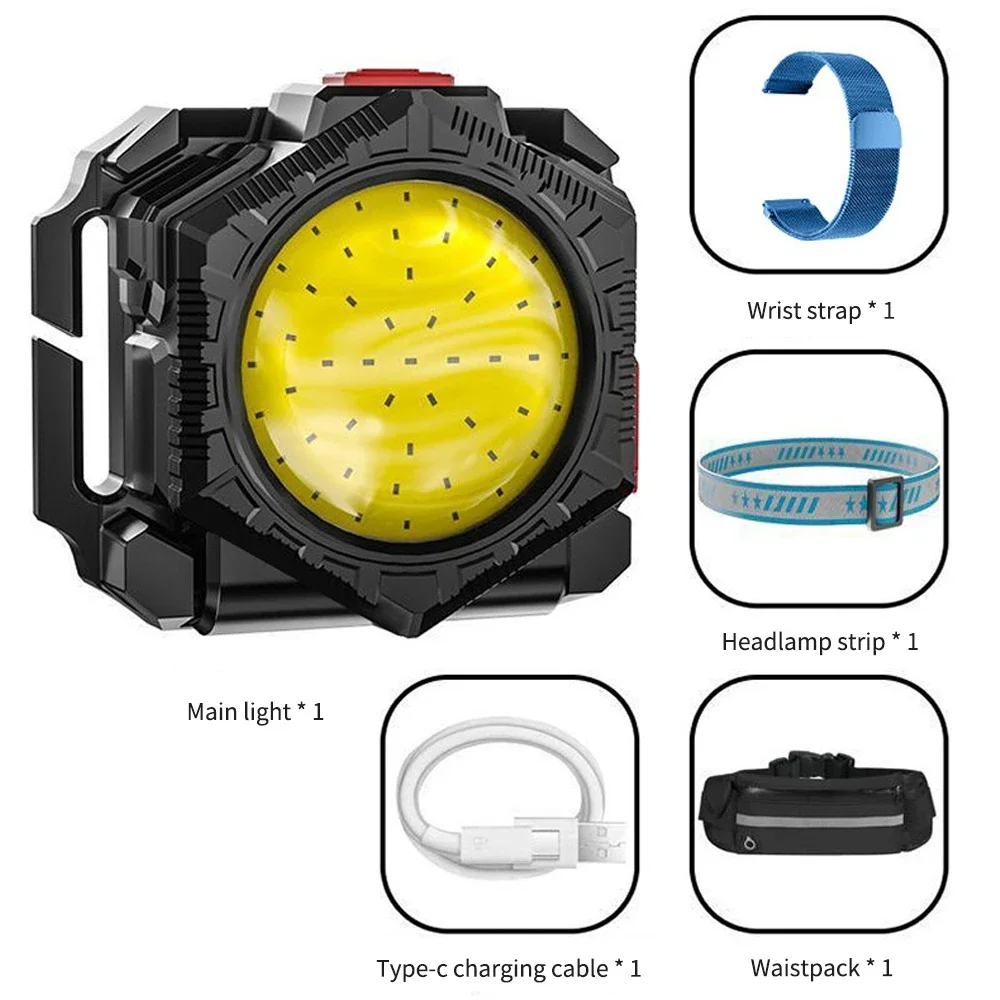 COB LED Headlamp USB Rechargeable Headlight Waterproof Head Lamp White Red Lighting with Built-in Battery