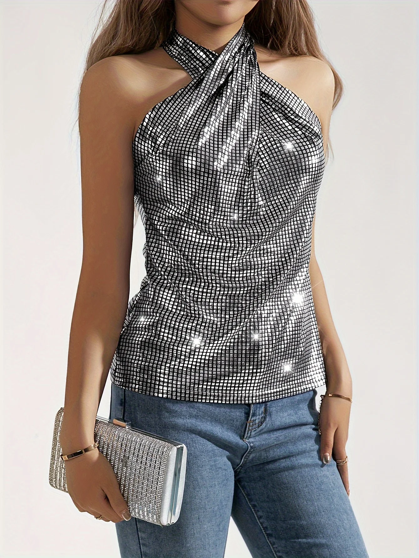 Silver Metallic Glitter Geo Pattern Crisscross Plaid Halter Top, Y2K Sleeveless Top, Evening Party Women\'s Clothing