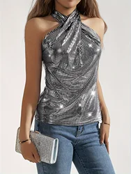 Silver Metallic Glitter Geo Pattern Crisscross Plaid Halter Top, Y2K Sleeveless Top, Evening Party Women's Clothing